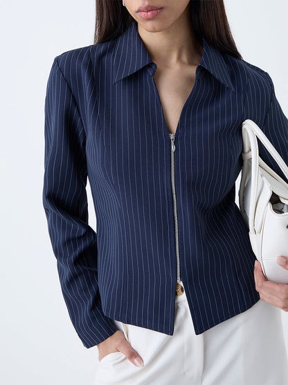 Wardrobe Navy Pinstriped Cotton Shirt