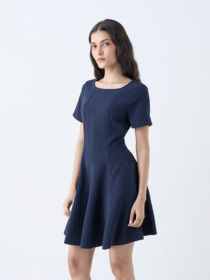 Wardrobe Navy Pinstriped Design A-Line Dress