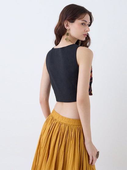 Utsa Black Embroidered Cotton-Blend Top