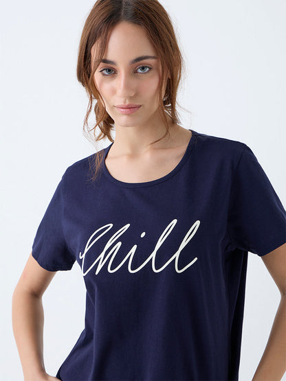 Wunderlove Navy Typographic Cotton T-Shirt