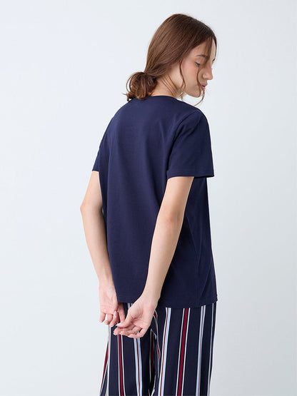 Wunderlove Navy Typographic Cotton T-Shirt