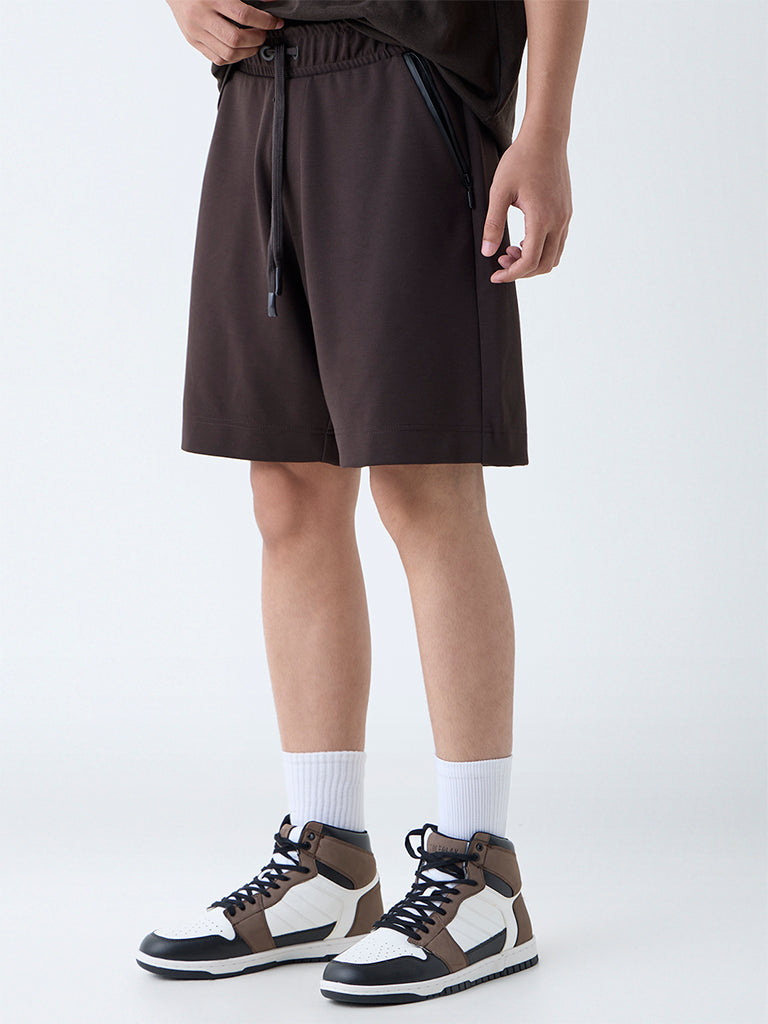 Studiofit Dark Brown Relaxed-Fit Mid-Rise Shorts