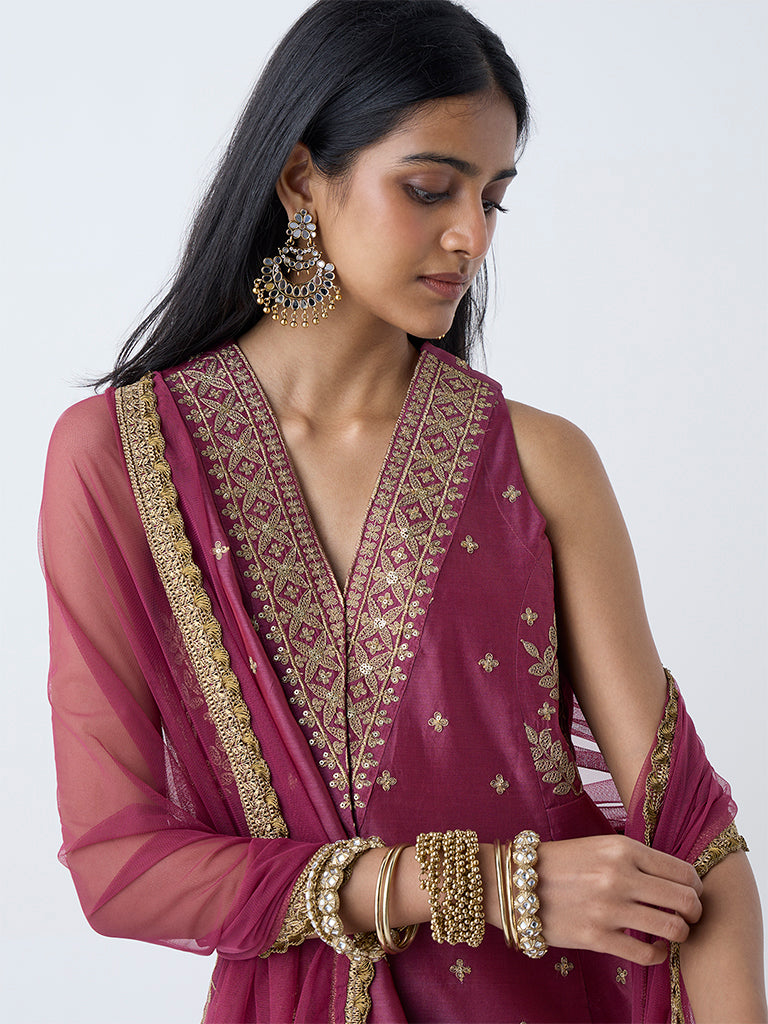 Vark Dark Pink Embellished Cotton-Blend A-Line Ethnic Set