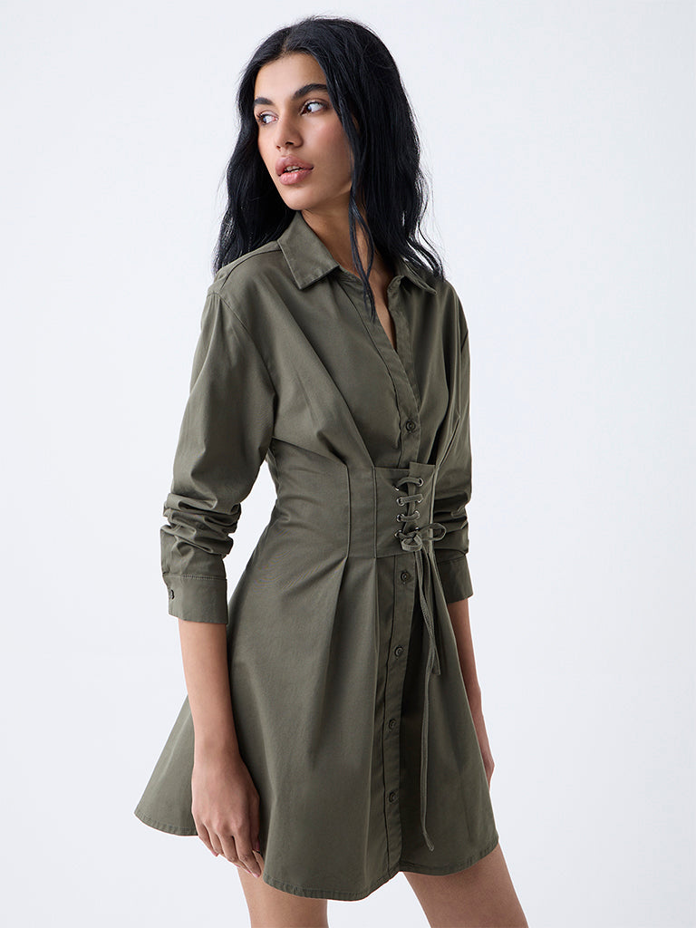 Nuon Olive Criss-Cross Detailed Cotton-Blend Shirt Dress