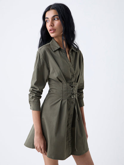 Nuon Olive Criss-Cross Detailed Cotton-Blend Shirt Dress