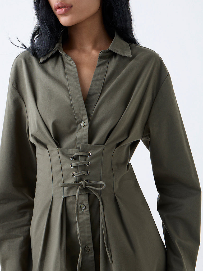 Nuon Olive Criss-Cross Detailed Cotton-Blend Shirt Dress