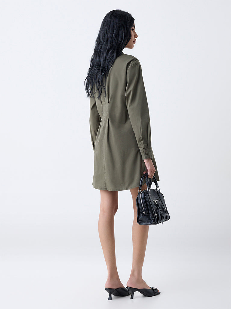 Nuon Olive Criss-Cross Detailed Cotton-Blend Shirt Dress