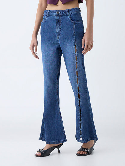 Nuon Blue Cut-Out Detailed Mid-Rise Bootcut Jeans