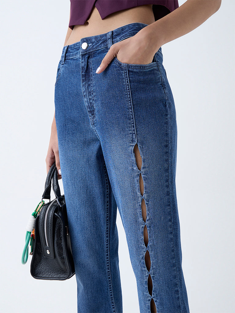 Nuon Blue Cut-Out Detailed Mid-Rise Bootcut Jeans