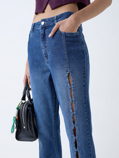 Nuon Blue Cut-Out Detailed Mid-Rise Bootcut Jeans