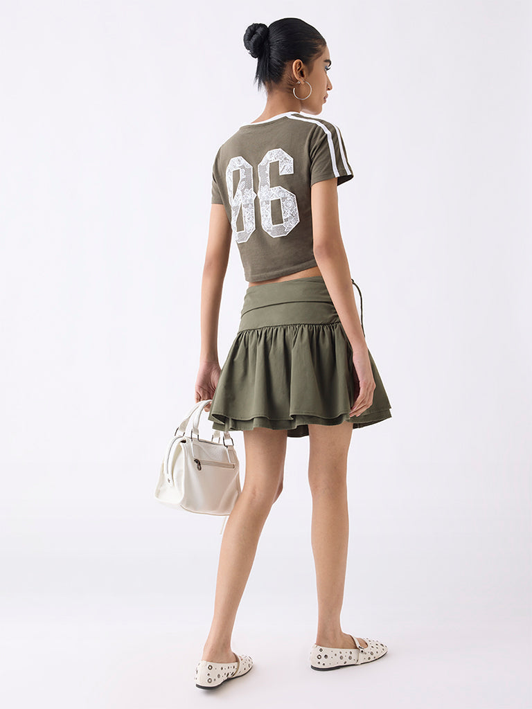 Nuon Olive Ruched Mid-Rise Cotton Skirt