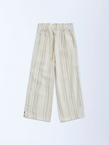 HOP Kids Cream Embroidered High-Rise Cotton Trousers