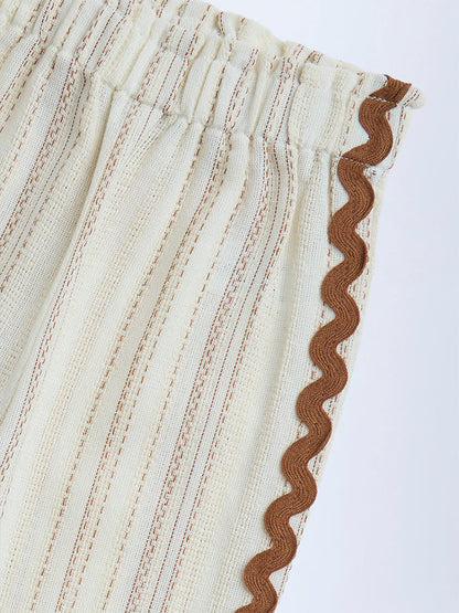 HOP Kids Cream Embroidered High-Rise Cotton Trousers