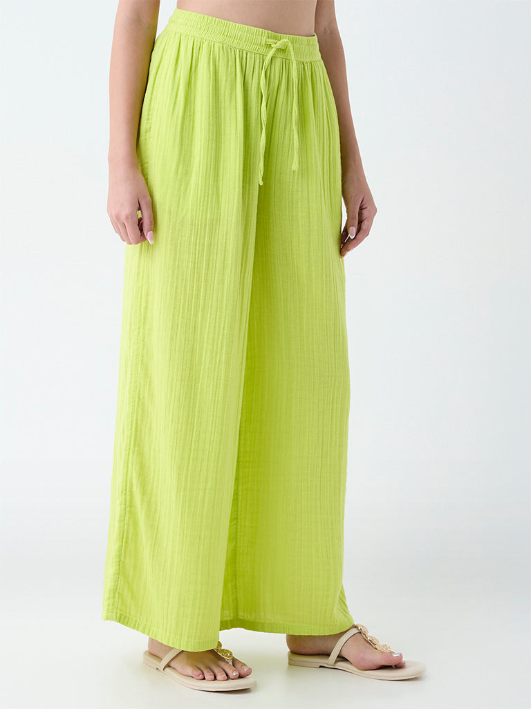 Wunderlove Lime Textured High-Rise Cotton Beach Pants