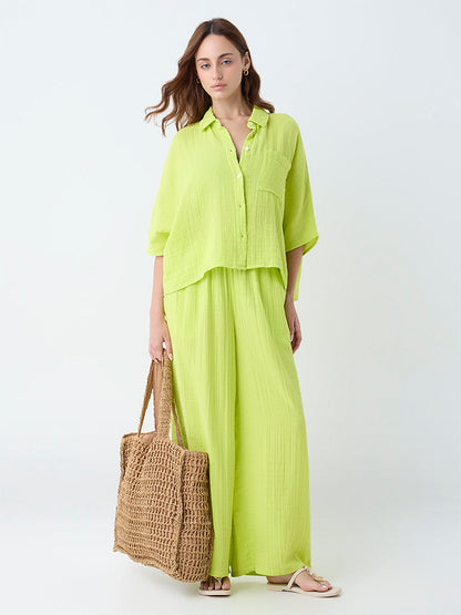Wunderlove Lime Crinkle-Textured Cotton Beach Shirt