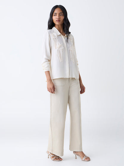 LOV Off-White Floral-Applique Detailed Shirt