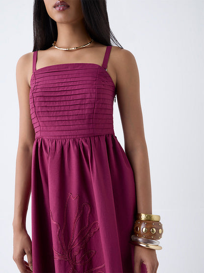 LOV Burgundy Floral Embroidered Cotton A-Line Dress