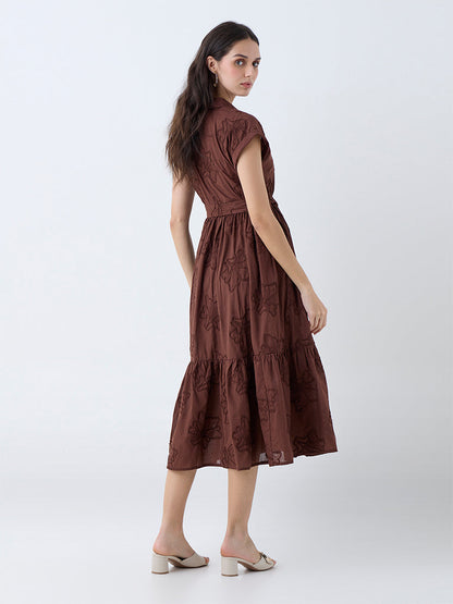 LOV Brown Floral Embroidered Cotton Shirt Dress with Belt