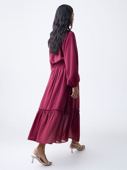 LOV Burgundy Crinkle-Textured High-Rise Skirt