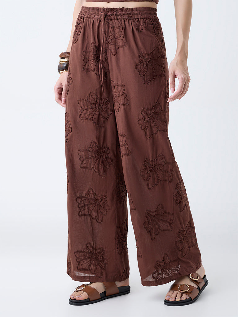 LOV Brown Floral Embroidered High-Rise Cotton Pants
