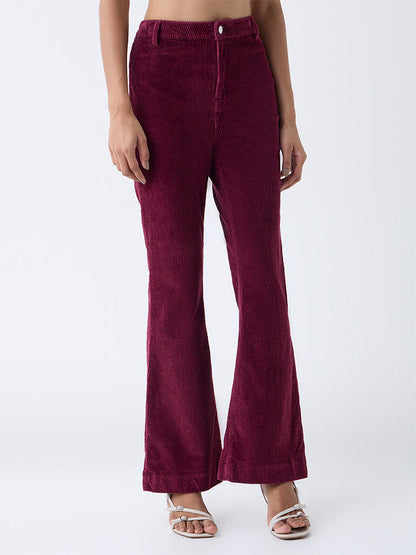 LOV Burgundy Bootcut High-Rise Corduroy Trousers