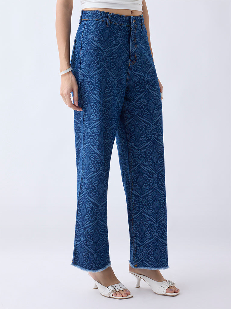 LOV Blue Printed Relaxed-Fit High-Rise Jeans