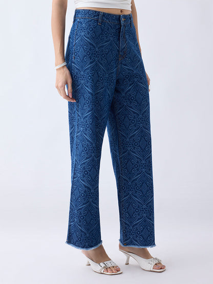 LOV Blue Printed Relaxed-Fit High-Rise Jeans