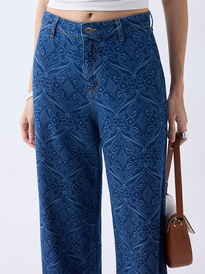 LOV Blue Printed Relaxed-Fit High-Rise Jeans