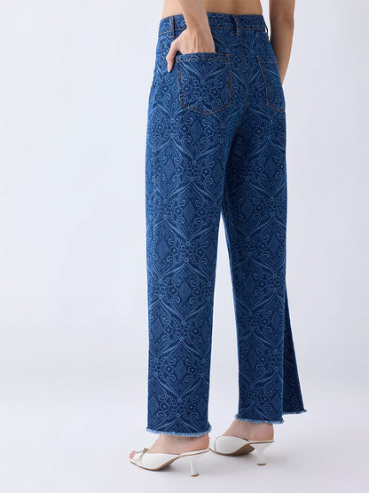 LOV Blue Printed Relaxed-Fit High-Rise Jeans