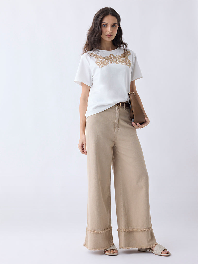 LOV White Embroidered Cotton T-Shirt