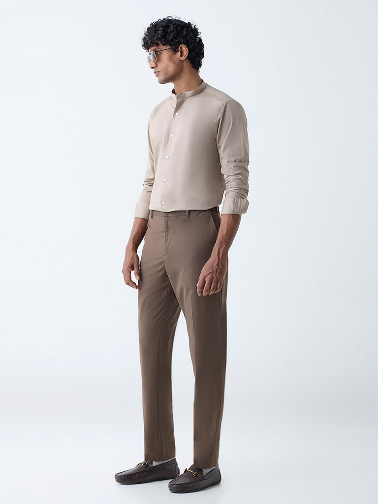 WES Formals Taupe Solid Ultra-Slim Fit Cotton-Blend Shirt