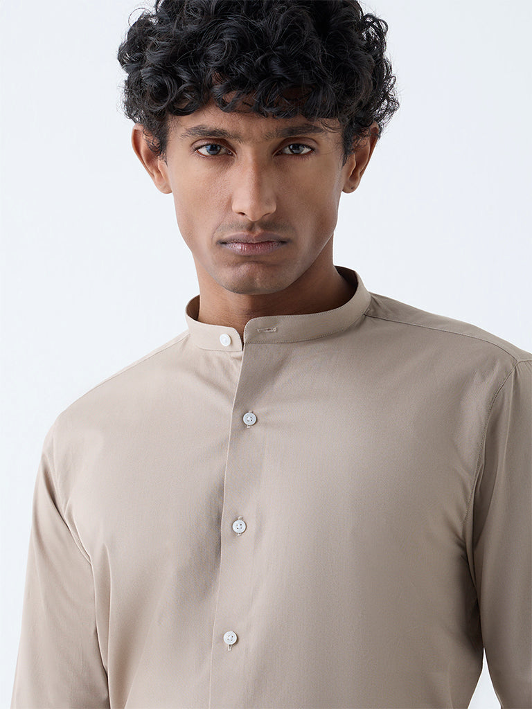WES Formals Taupe Solid Ultra-Slim Fit Cotton-Blend Shirt