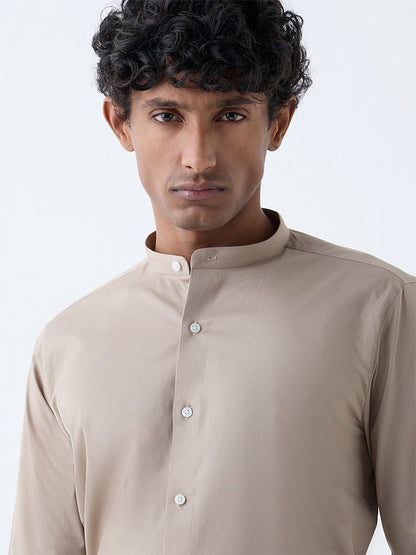 WES Formals Taupe Solid Ultra-Slim Fit Cotton-Blend Shirt