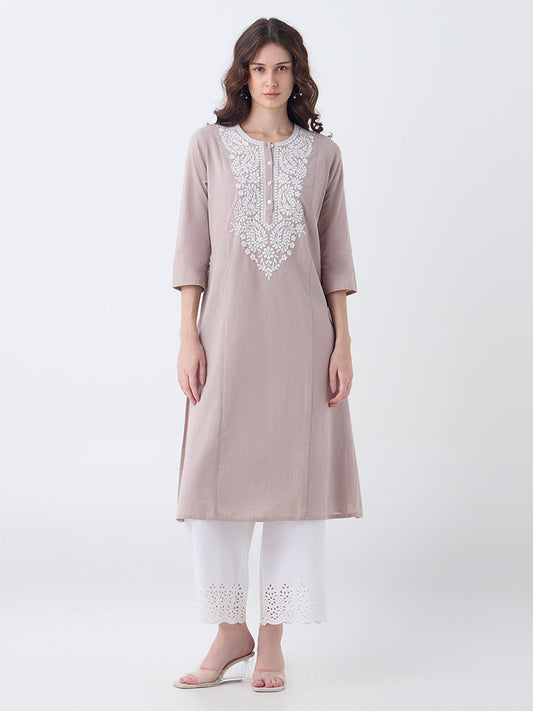 Utsa Taupe Paisley Embroidered Cotton-Blend A-Line Kurta