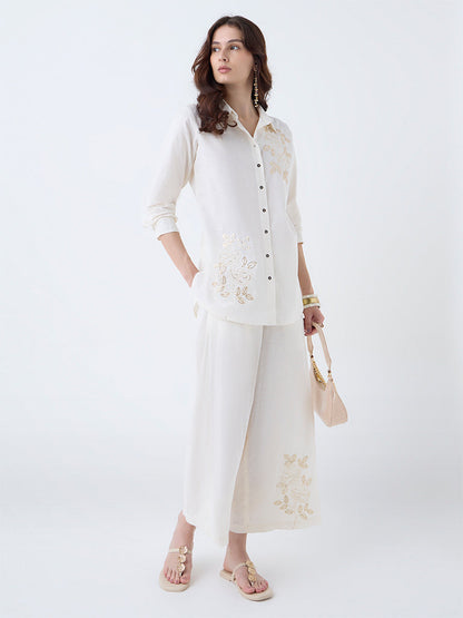 Utsa Off-White Sequin Embellished Cotton-Blend Pants