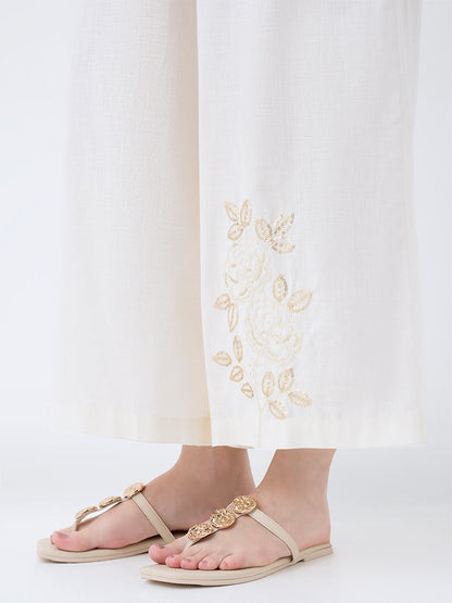 Utsa Off-White Sequin Embellished Cotton-Blend Pants