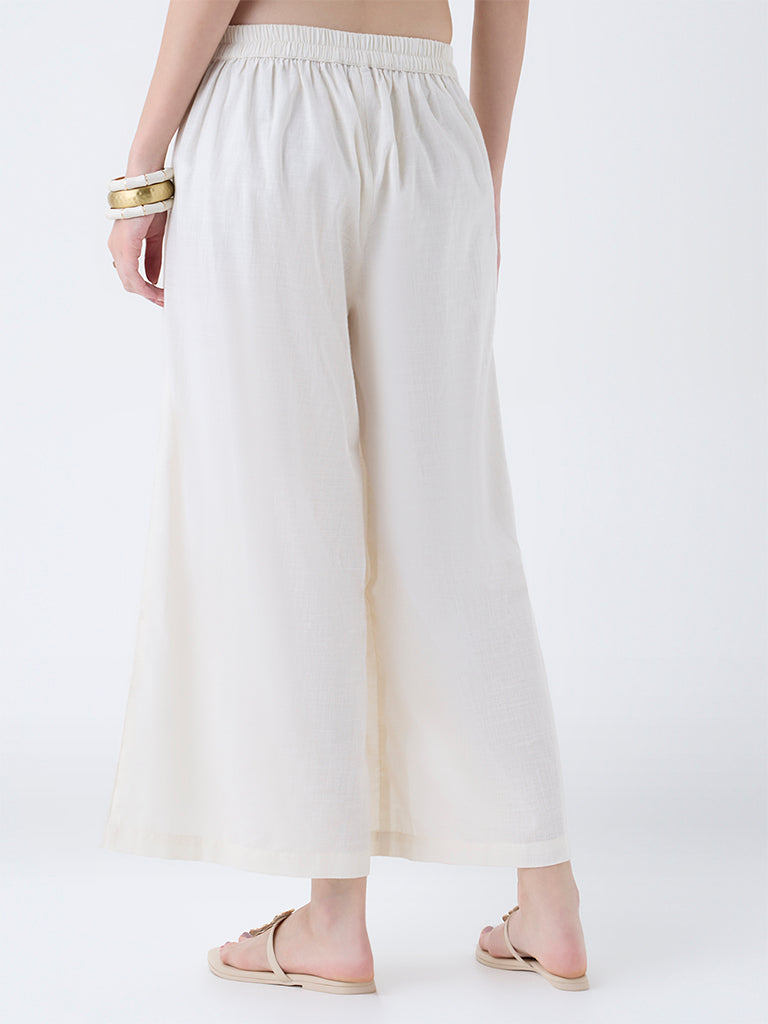 Utsa Off-White Sequin Embellished Cotton-Blend Pants