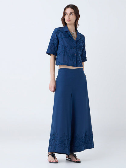 Utsa Indigo Floral Embroidered Cotton-Blend Palazzos