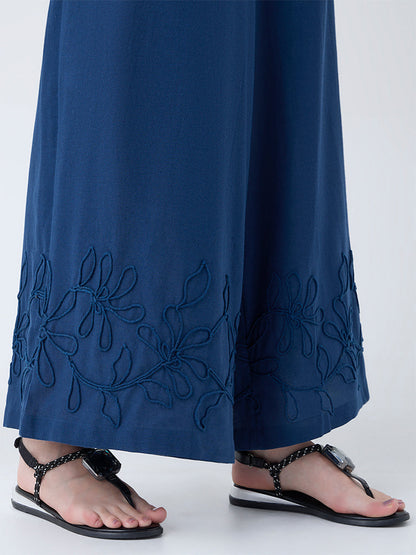 Utsa Indigo Floral Embroidered Cotton-Blend Palazzos