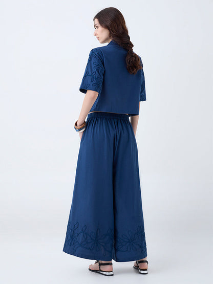 Utsa Indigo Floral Embroidered Cotton-Blend Palazzos