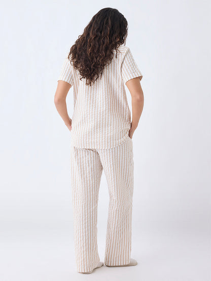 Wunderlove Beige Striped Cotton Shirt and Pyjamas Set