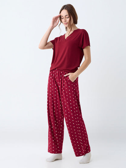 Wunderlove Maroon Polka Dotted High-Rise Cotton Pants