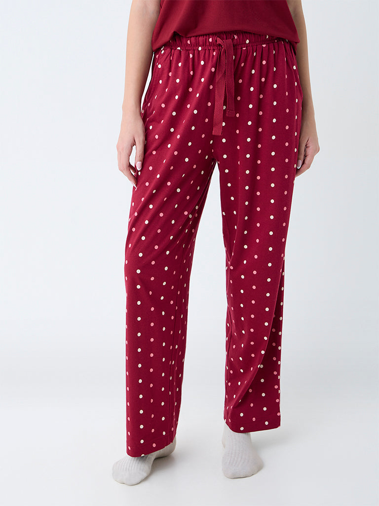 Wunderlove Maroon Polka Dotted High-Rise Cotton Pants