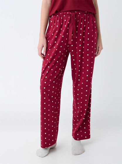 Wunderlove Maroon Polka Dotted High-Rise Cotton Pants