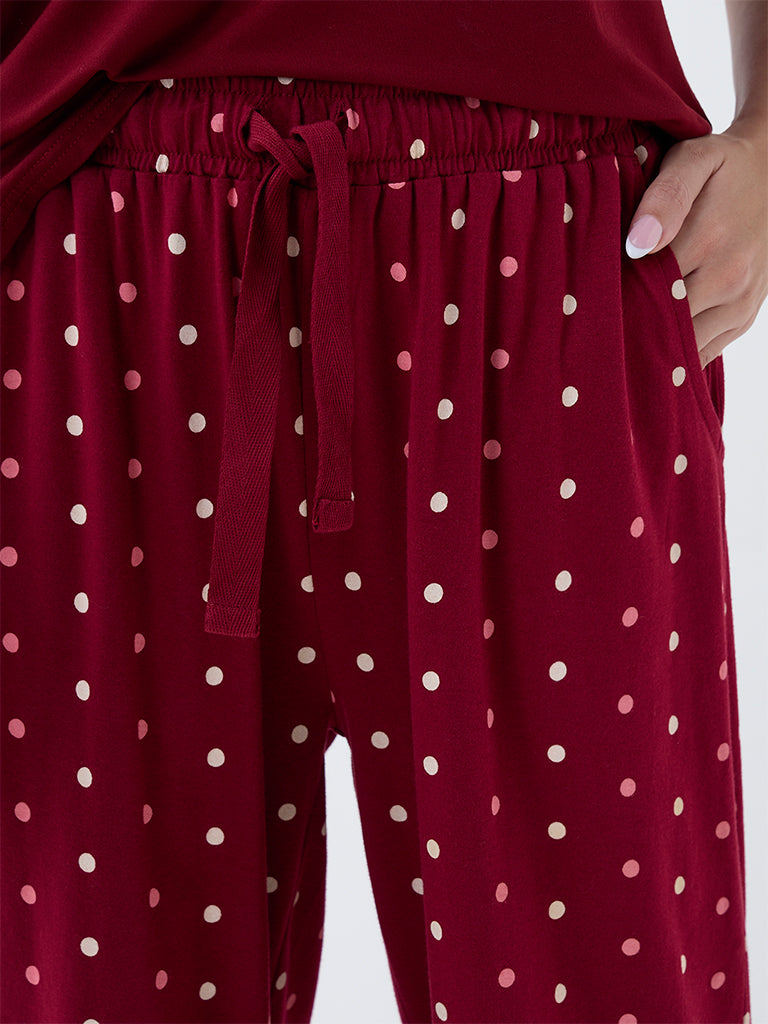 Wunderlove Maroon Polka Dotted High-Rise Cotton Pants
