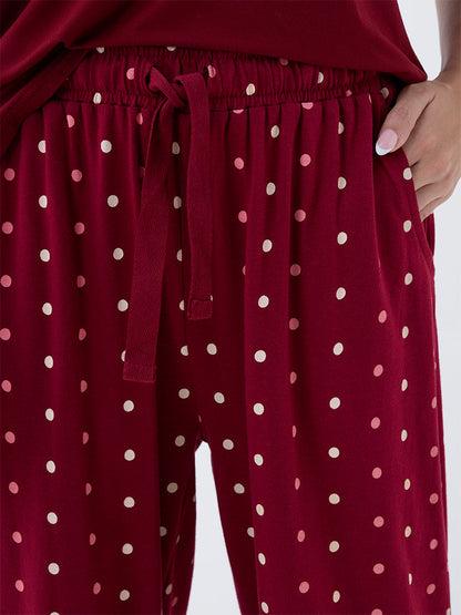 Wunderlove Maroon Polka Dotted High-Rise Cotton Pants