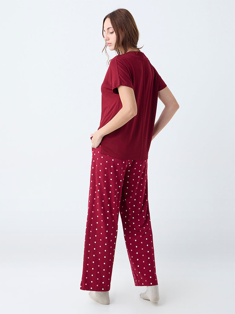 Wunderlove Maroon Polka Dotted High-Rise Cotton Pants