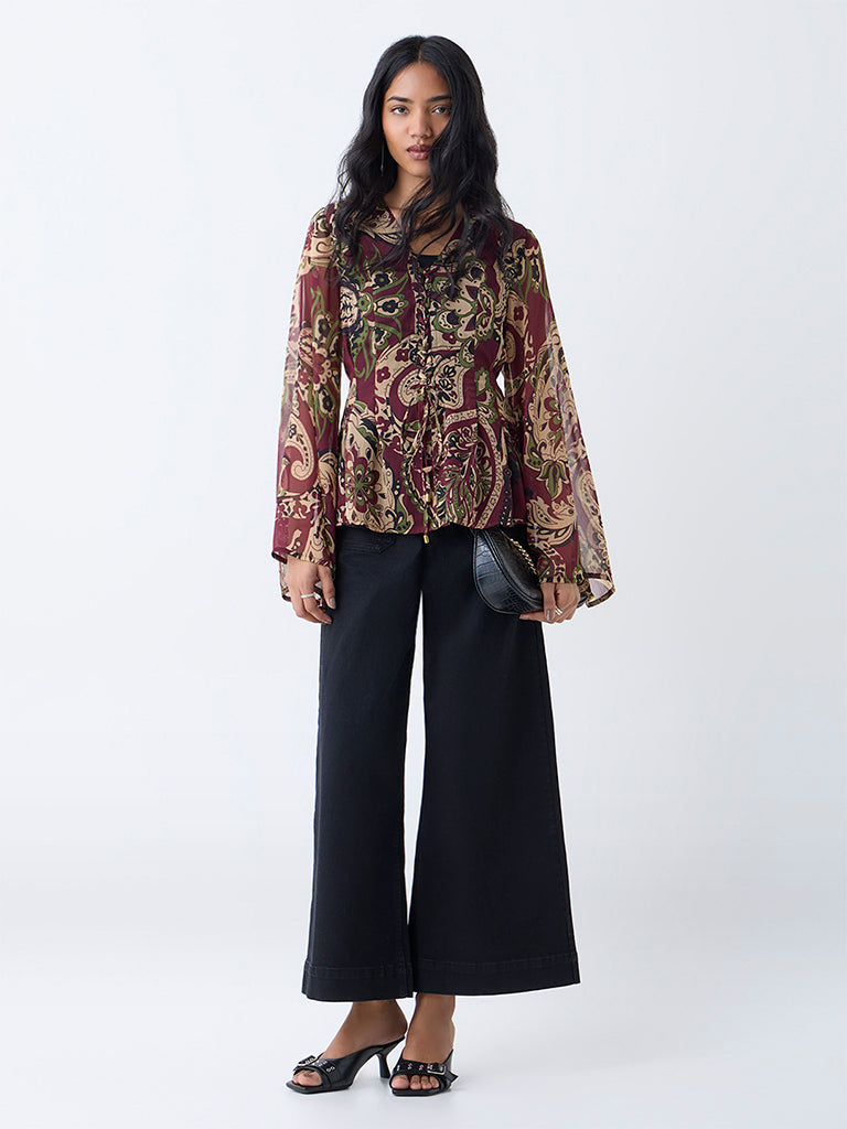 LOV Burgundy Printed Cotton Top with Camisole