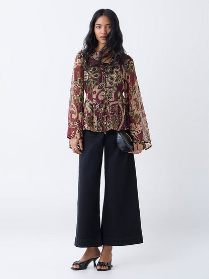 LOV Burgundy Printed Cotton Top with Camisole