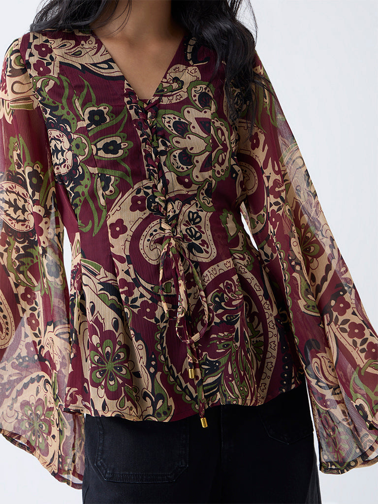 LOV Burgundy Printed Cotton Top with Camisole